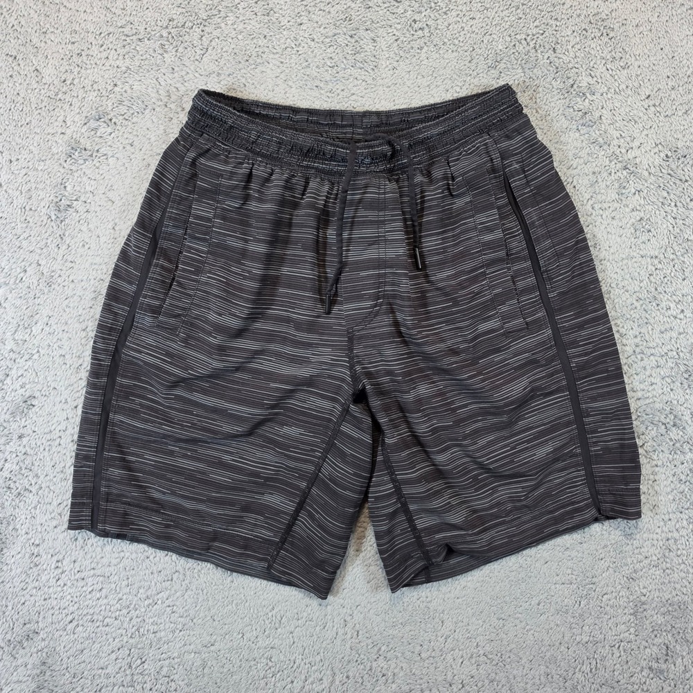Lululemon Pace Breaker Shorts Men S Black Grey Space Dye Striped 9" Unlined Gym